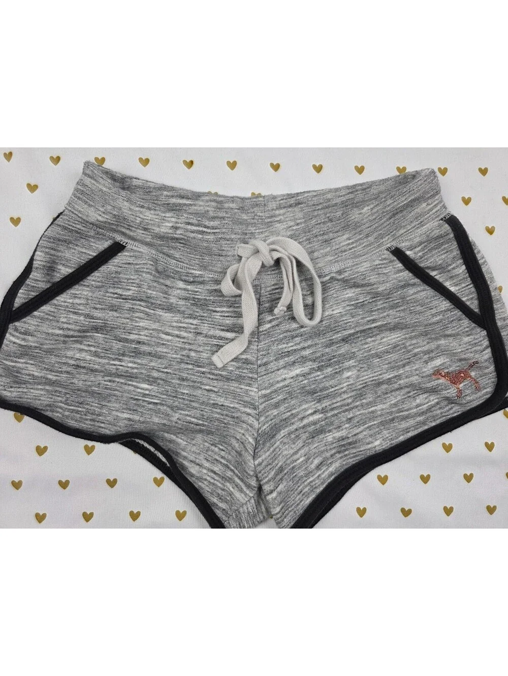 Victorias Secret PINK Grey GOLD BLING SEQUIN Sweat Shorts Dog SMALL